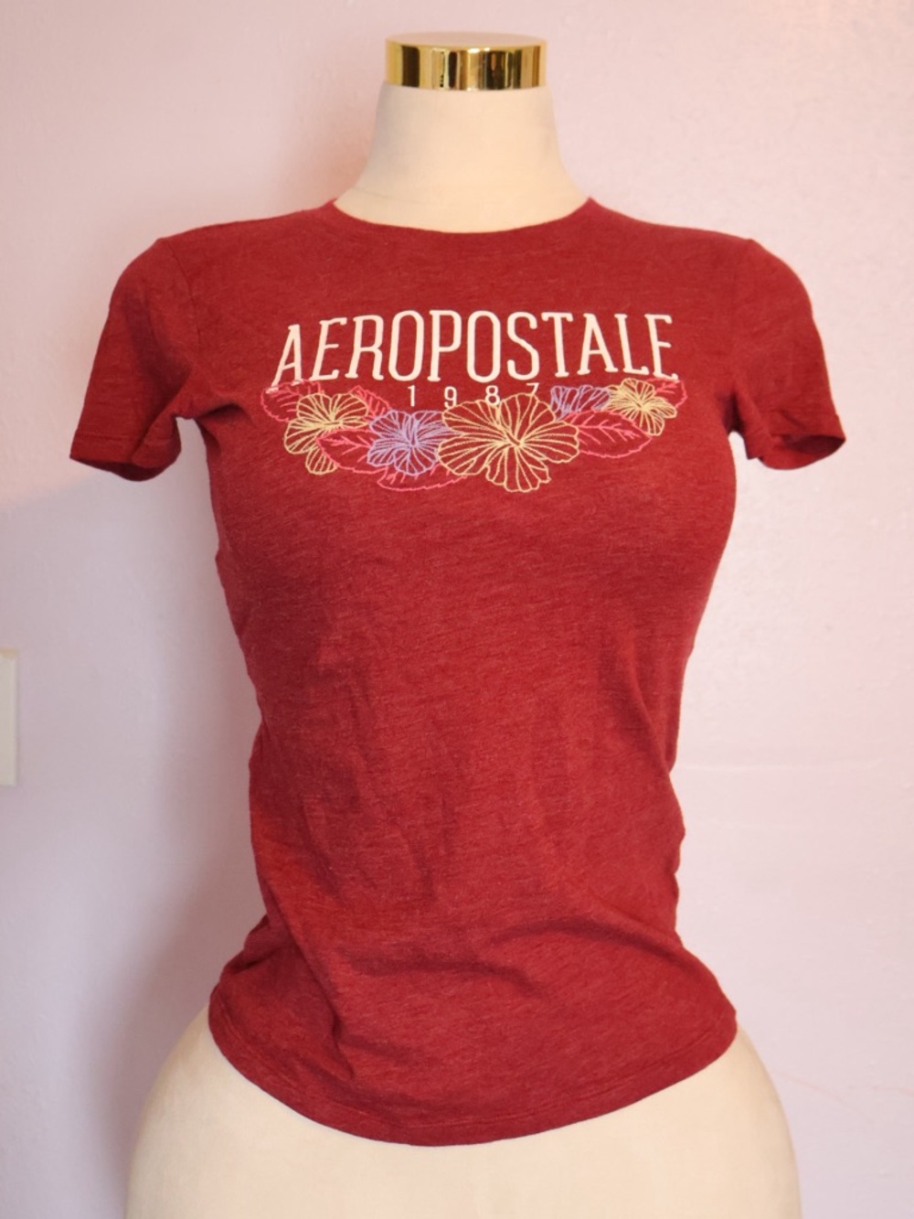 Aeropostale Red Floral Logo Short Sleeve Tee